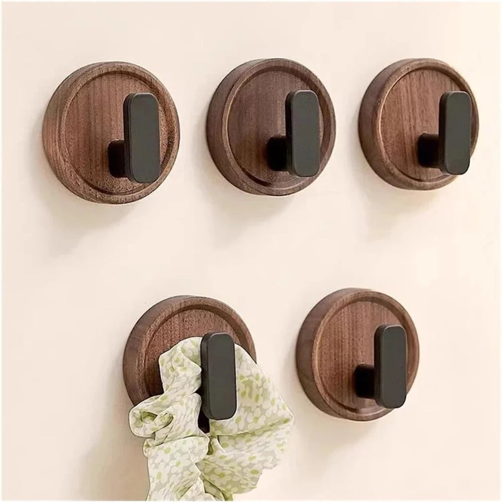 Wall Hook Solid Walnut Wood Self-Adhesive No-Drill Installation