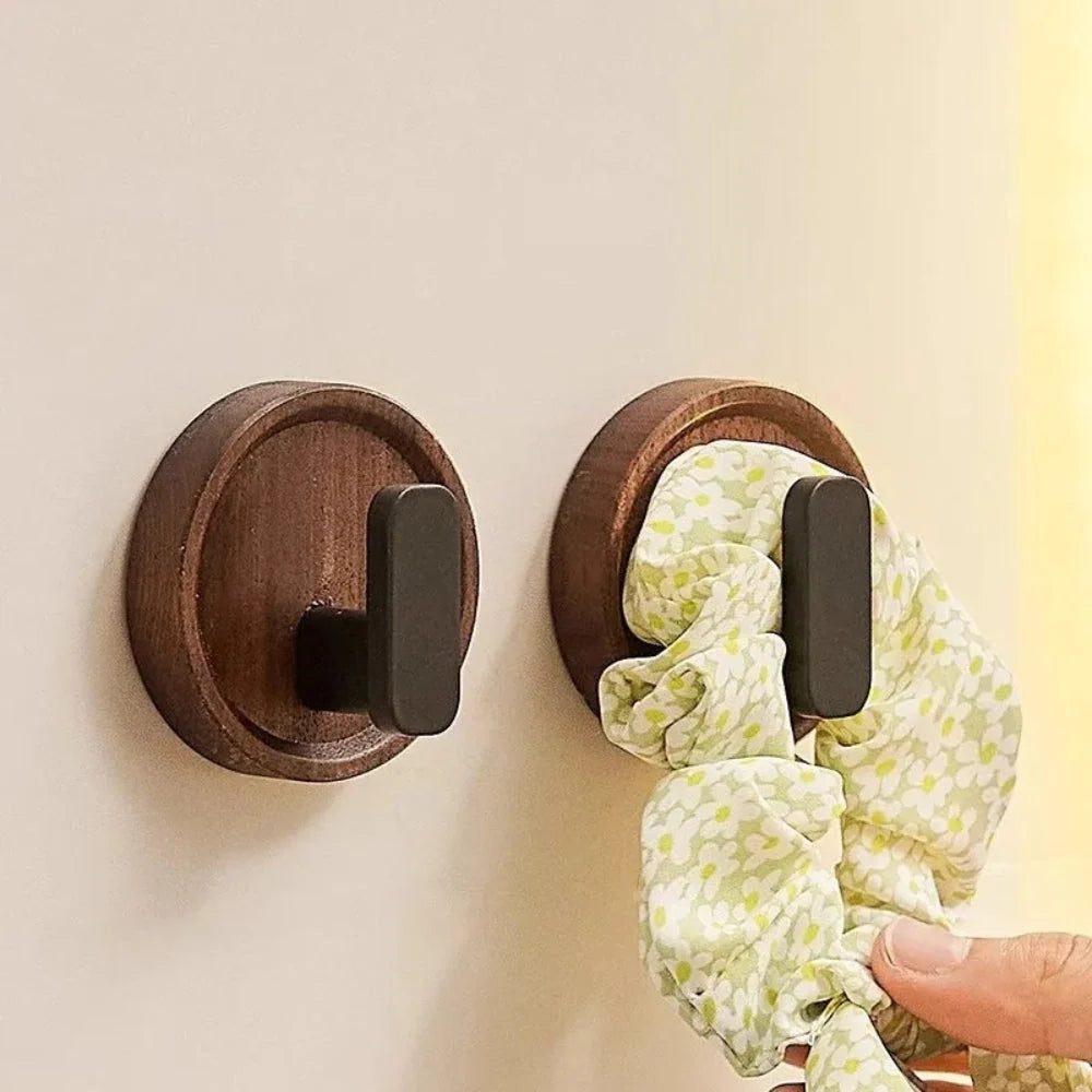 Wall Hook Solid Walnut Wood Self-Adhesive No-Drill Installation