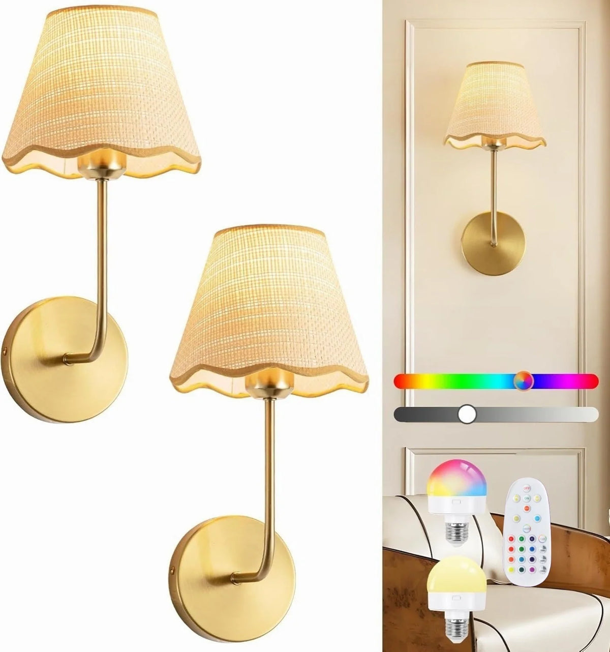 Wall Lamp Fabric Shade Diffused Light Set of 2