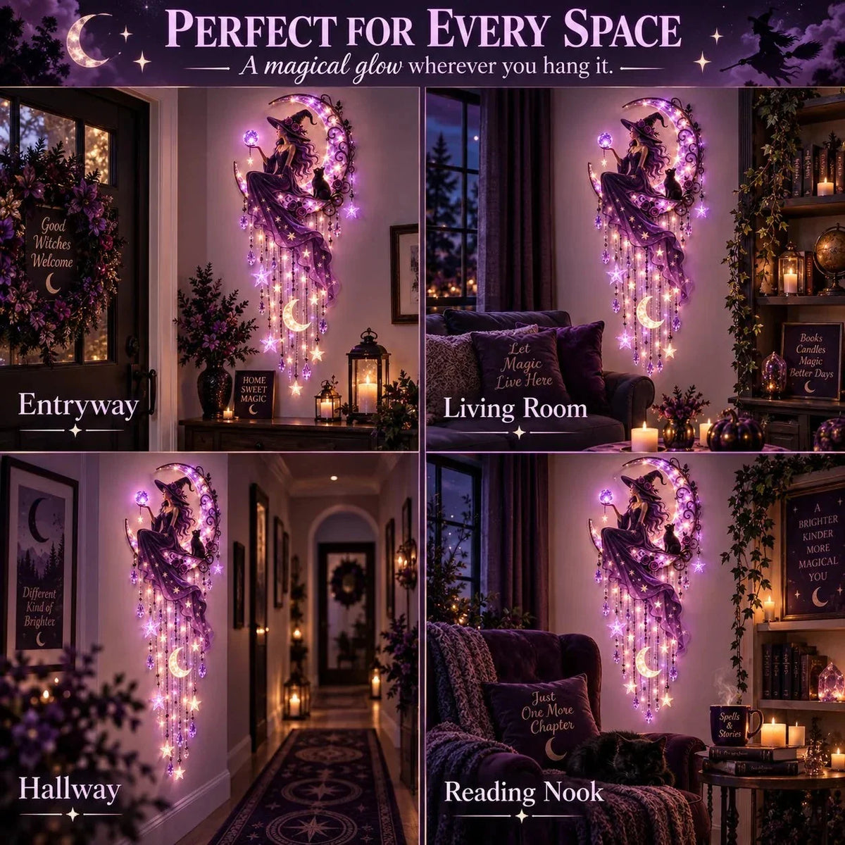 Wall Light Witch Crescent Moon Purple Starfall Glow