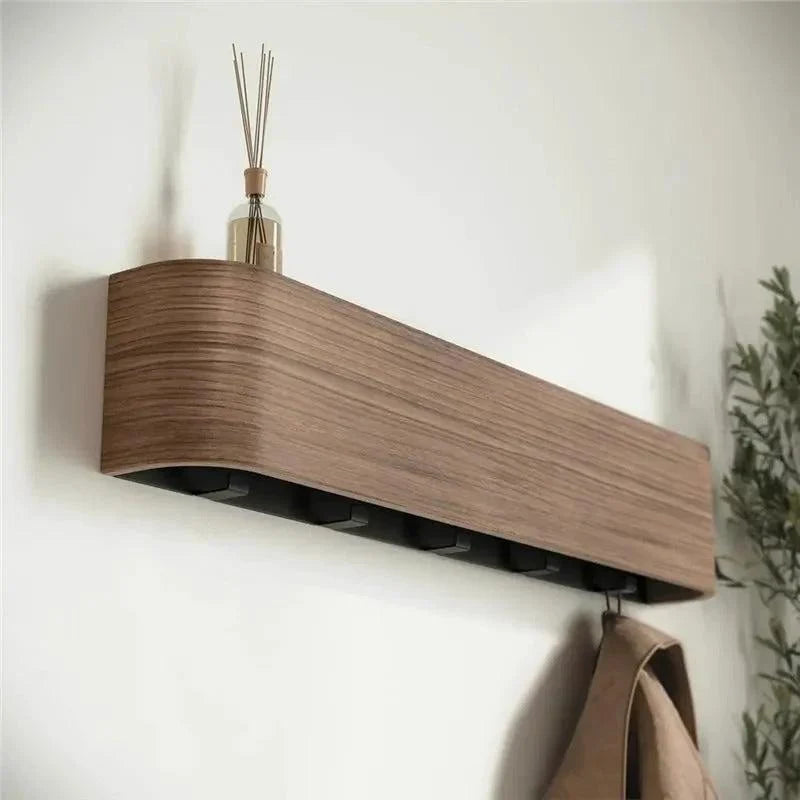 Wall-Mounted Coat Rack Solid Wood Shelf Concealed Hooks Supports 77 Lbs