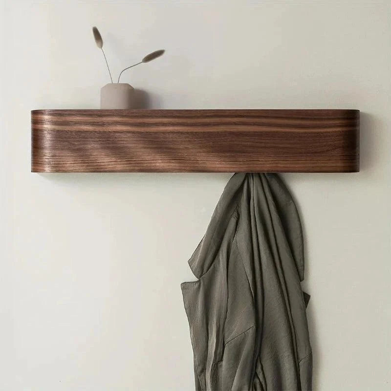 Wall-Mounted Coat Rack Solid Wood Shelf Concealed Hooks Supports 77 Lbs