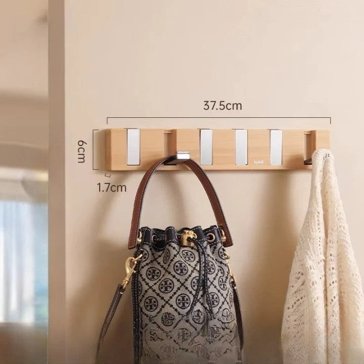 Wall-Mounted Coat Rack Wood Six Retractable Hooks