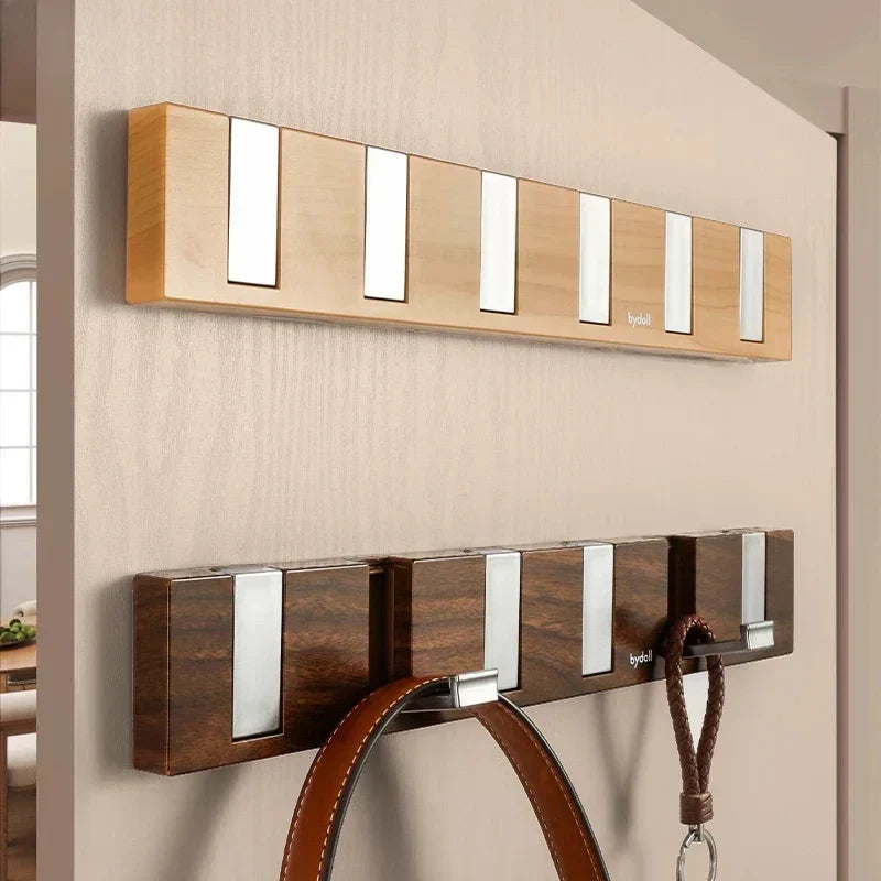 Wall-Mounted Coat Rack Wood Six Retractable Hooks