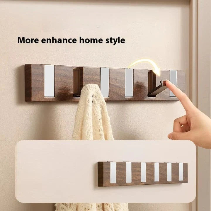 Wall-Mounted Coat Rack Wood Six Retractable Hooks