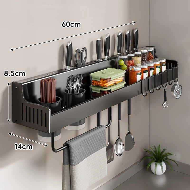 Wall-Mounted Kitchen Organizer Stainless Steel Knife Slots Spice Shelf & Hooks