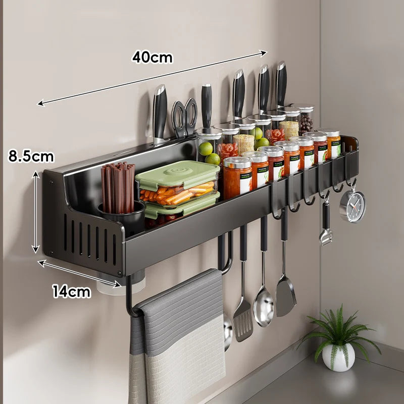 Wall-Mounted Kitchen Organizer Stainless Steel Knife Slots Spice Shelf & Hooks