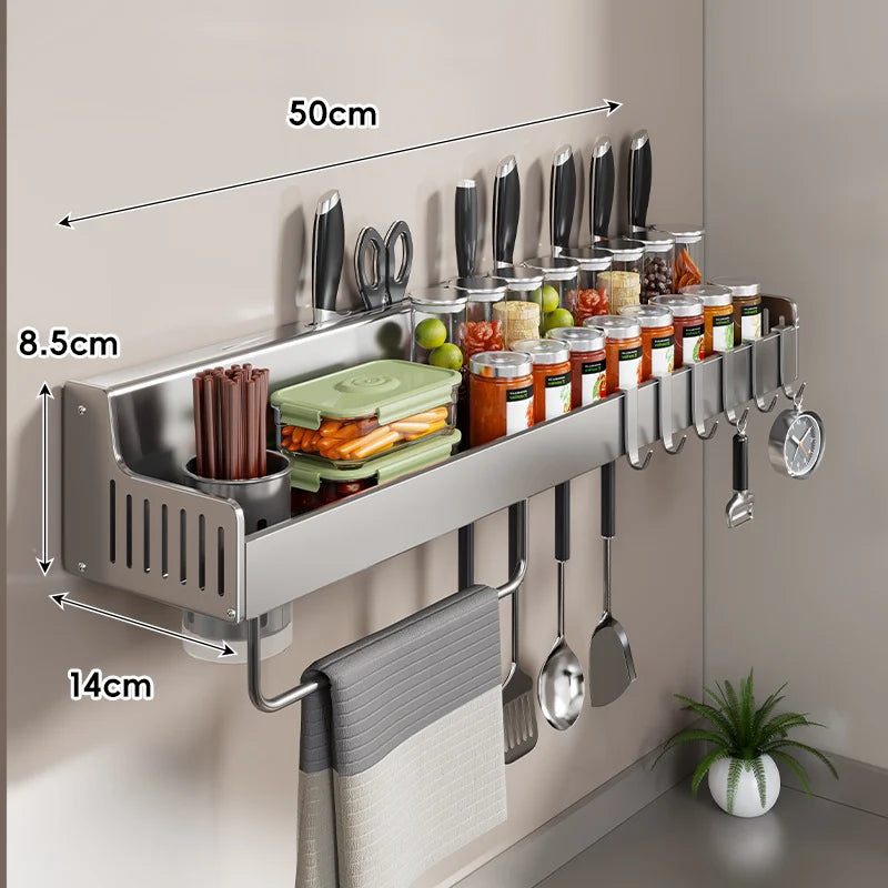 Wall-Mounted Kitchen Organizer Stainless Steel Knife Slots Spice Shelf & Hooks