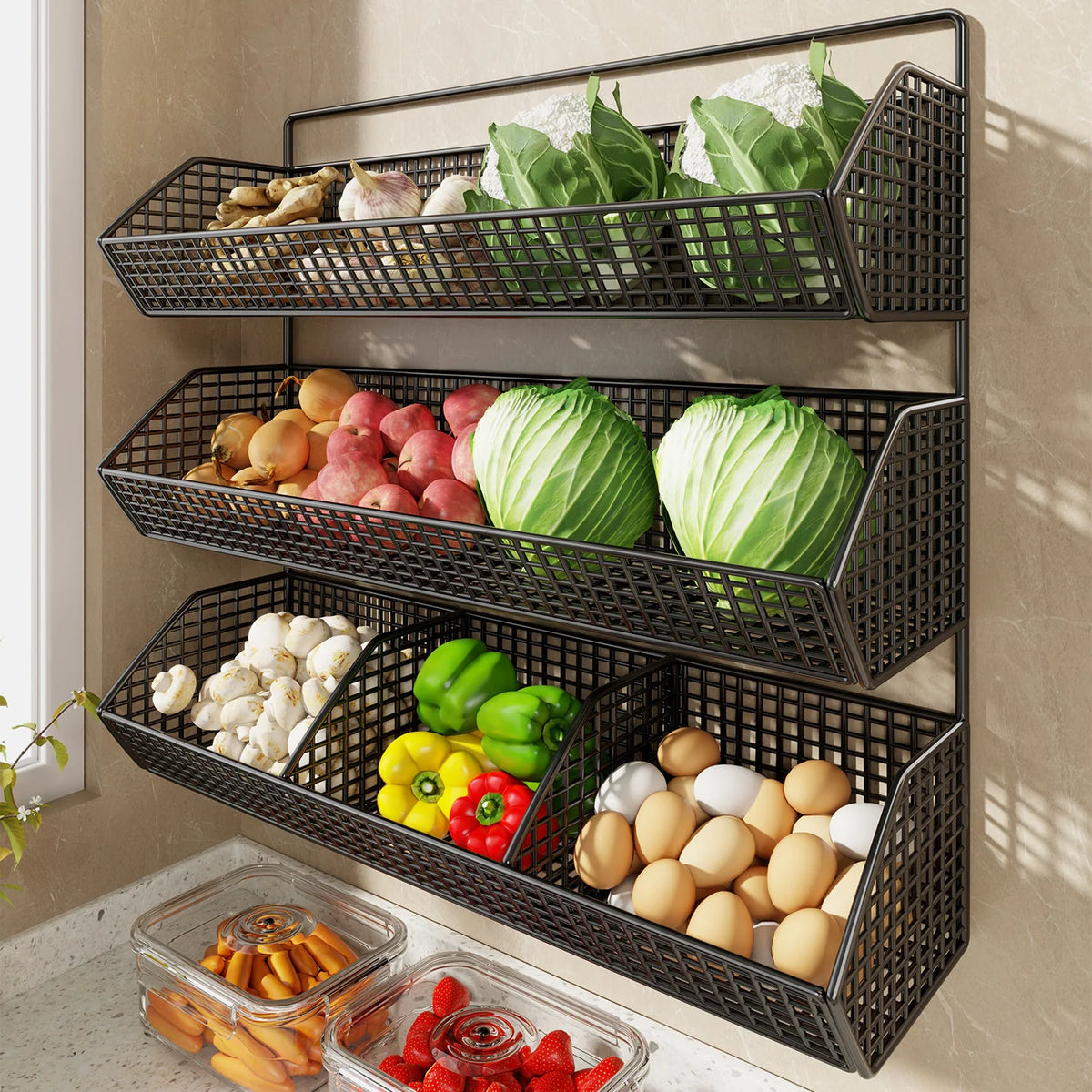Wall-Mounted Storage Basket Ventilated Plastic Double-Tiered
