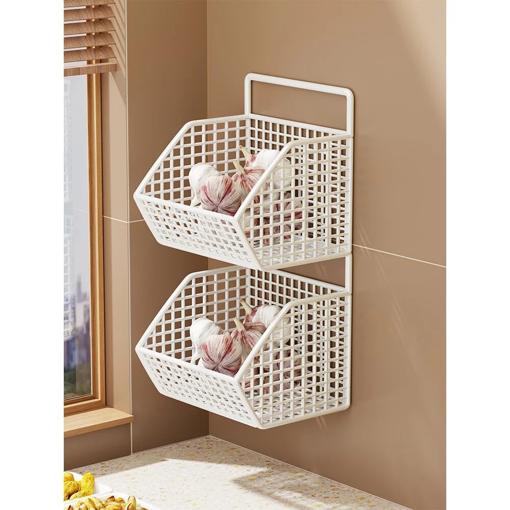 Wall-Mounted Storage Basket Ventilated Plastic Double-Tiered