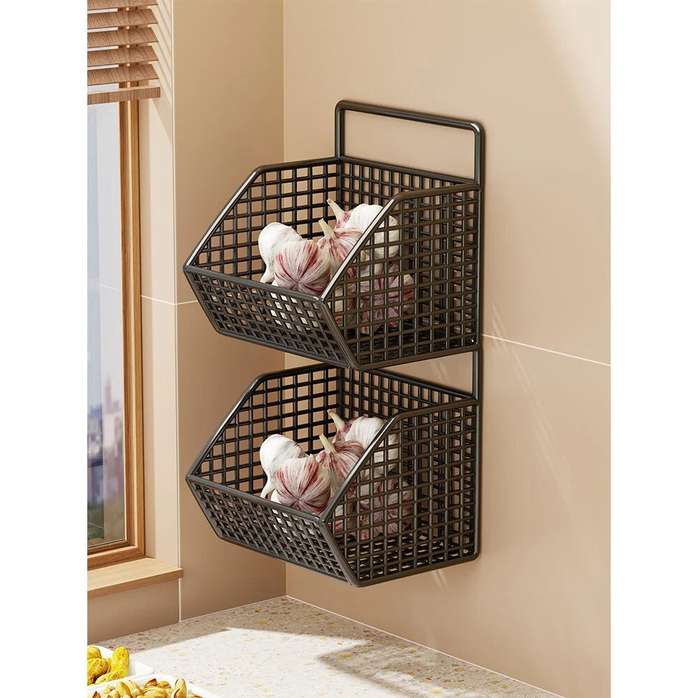 Wall-Mounted Storage Basket Ventilated Plastic Double-Tiered