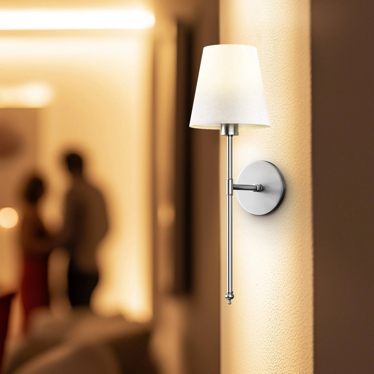 Wall Sconce Battery Powered LED White Fabric Shade