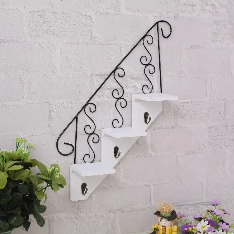 Wall Shelf Iron And Wood 3-Tier With Hooks