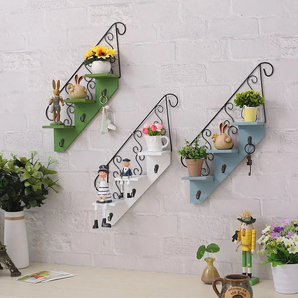 Wall Shelf Iron And Wood 3-Tier With Hooks