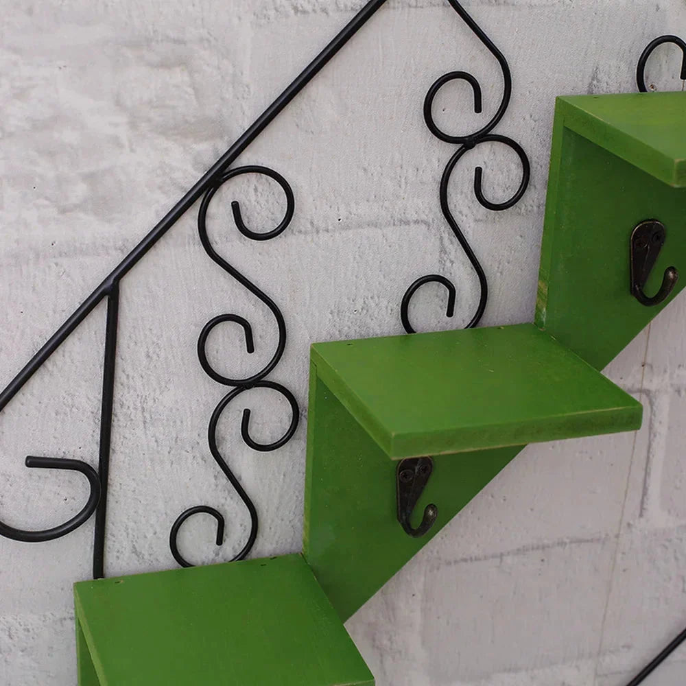 Wall Shelf Iron And Wood 3-Tier With Hooks