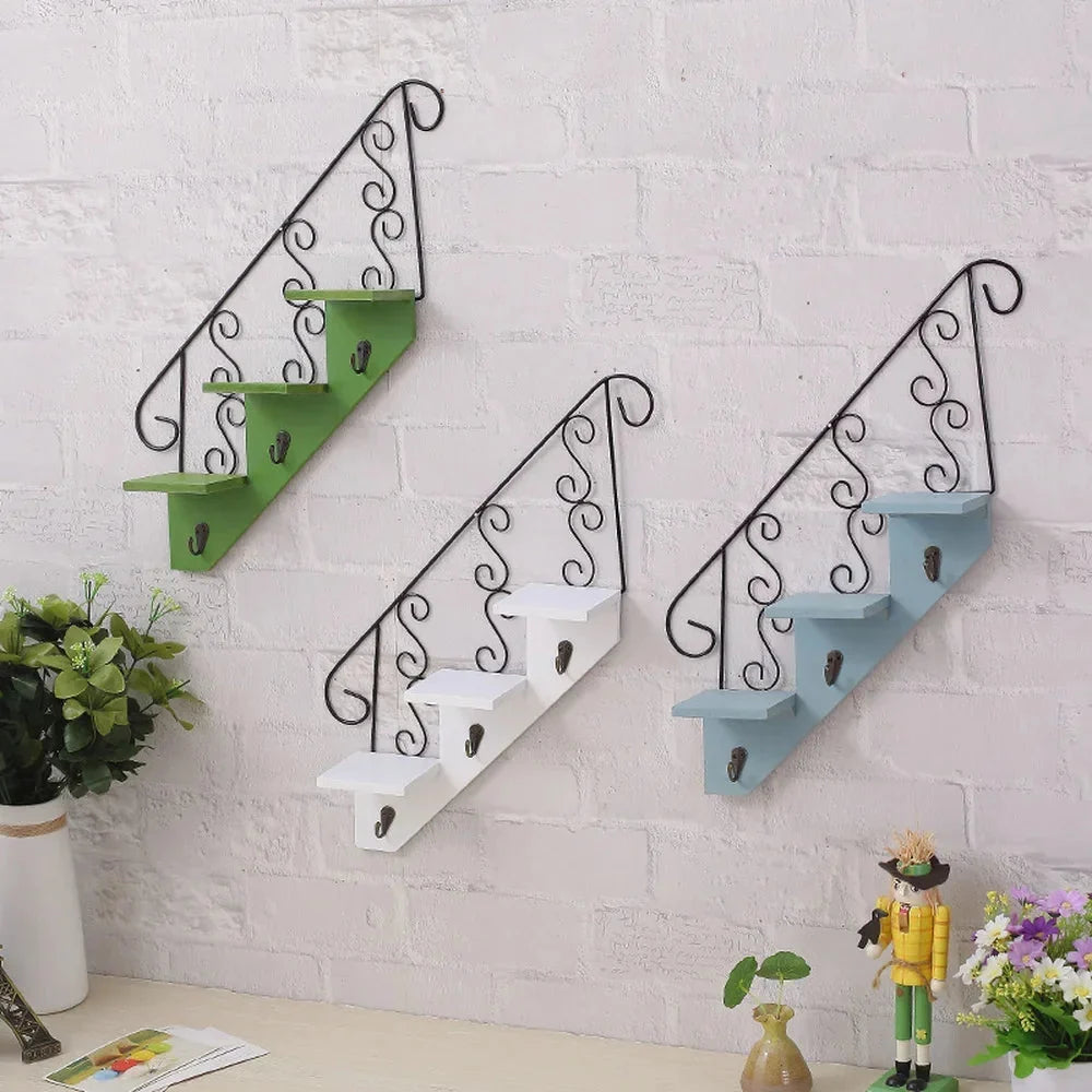 Wall Shelf Iron And Wood 3-Tier With Hooks