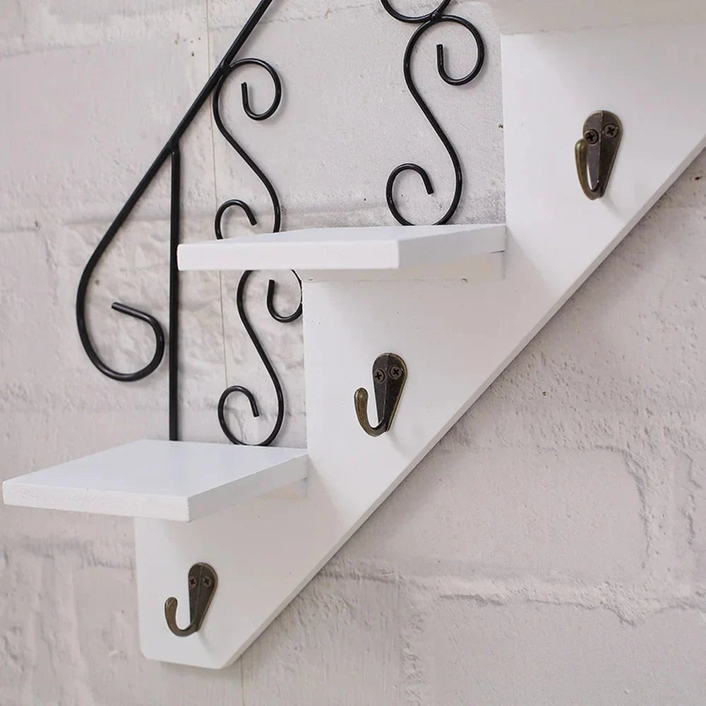 Wall Shelf Iron And Wood 3-Tier With Hooks