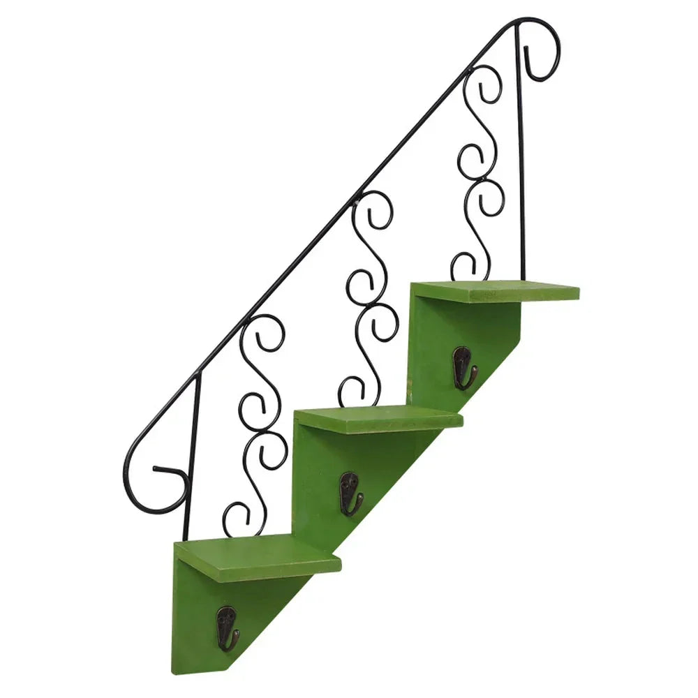 Wall Shelf Iron And Wood 3-Tier With Hooks