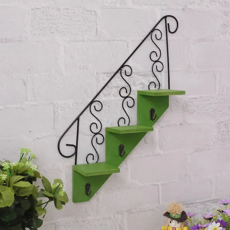 Wall Shelf Iron And Wood 3-Tier With Hooks