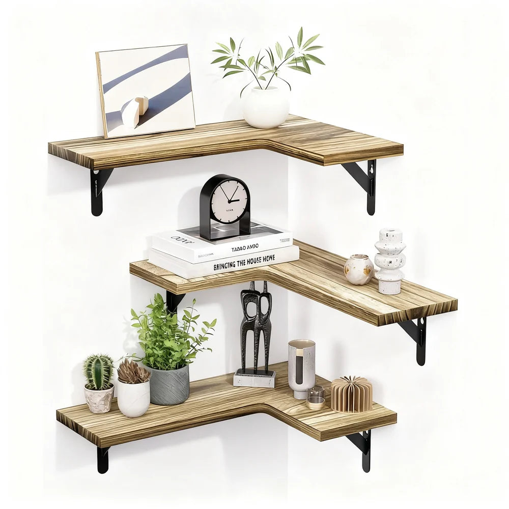 Wall Shelf L-Shaped Paulownia Wood & Metal