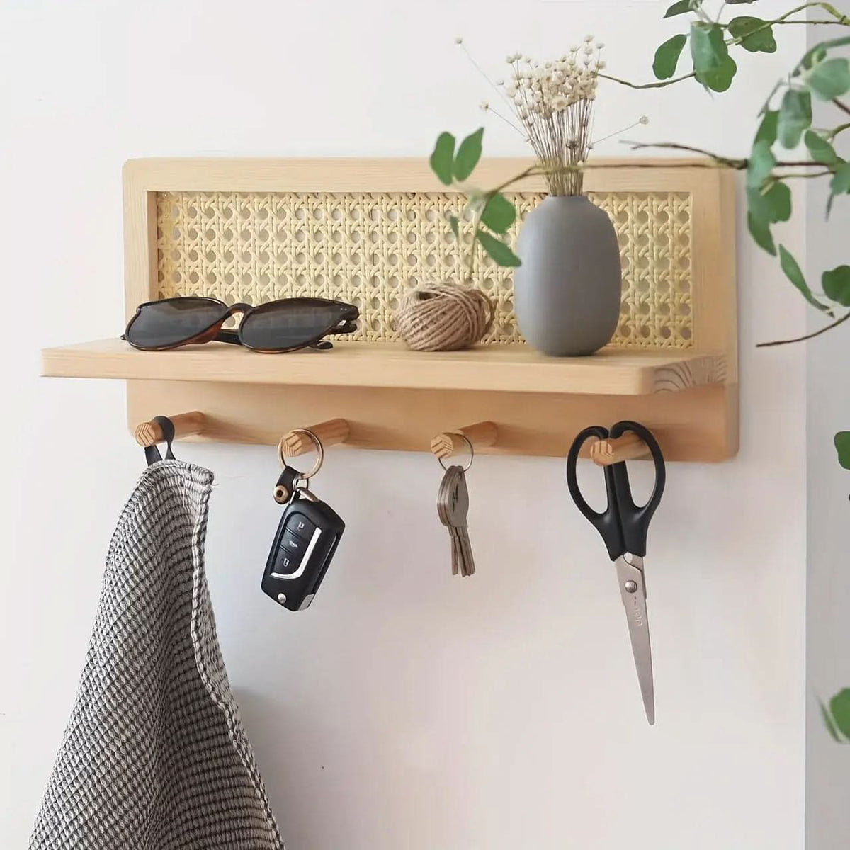 Wall Shelf Rustic Wood 4 Hooks