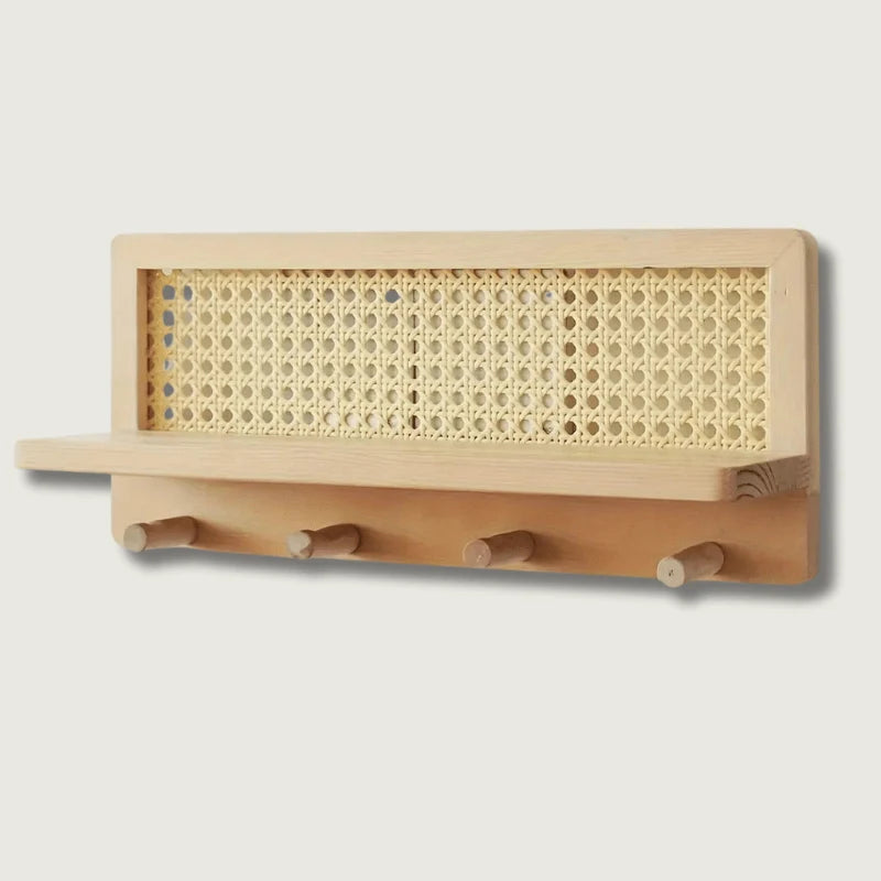 Wall Shelf Rustic Wood 4 Hooks