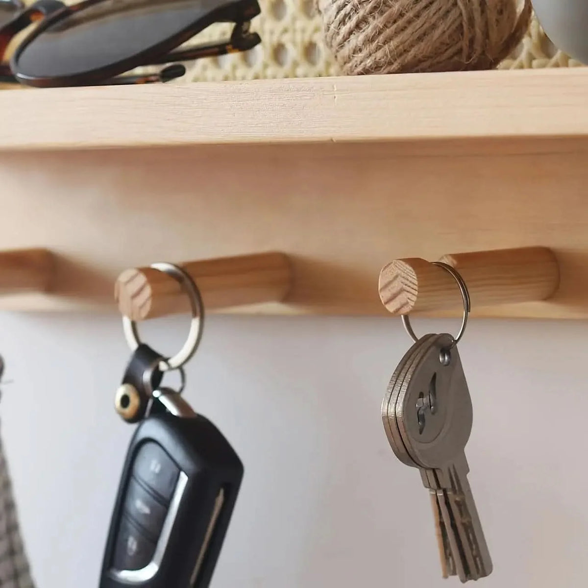 Wall Shelf Rustic Wood 4 Hooks