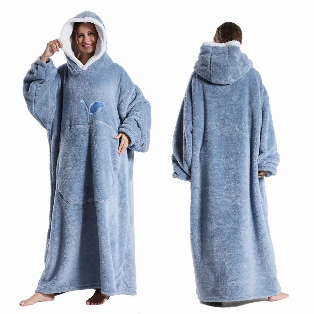 Wearable Blanket Plush Fleece Hood & Sleeves