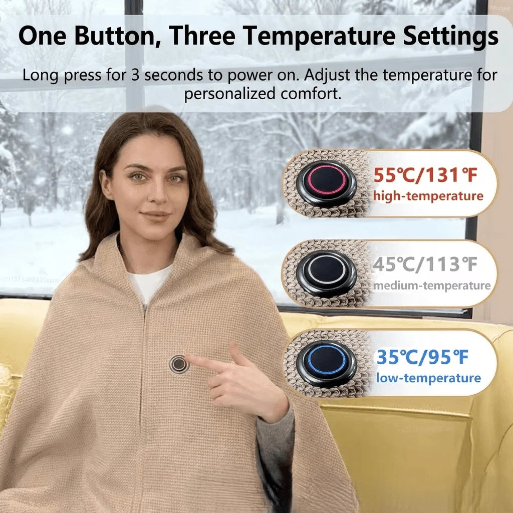 Wearable Heated Blanket USB-Powered Three Heat Levels Zipper Closure