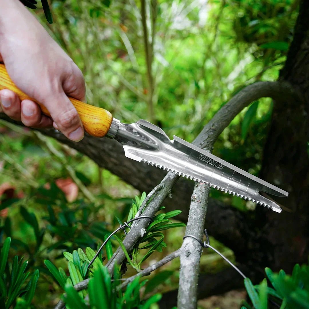 Weed Puller 5-in-1 Stainless Steel Head Beech Wood Handle