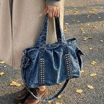 Weekender Bag Distressed Denim Adjustable Shoulder Strap & Side Pockets