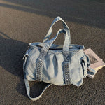 Weekender Bag Distressed Denim Adjustable Shoulder Strap & Side Pockets