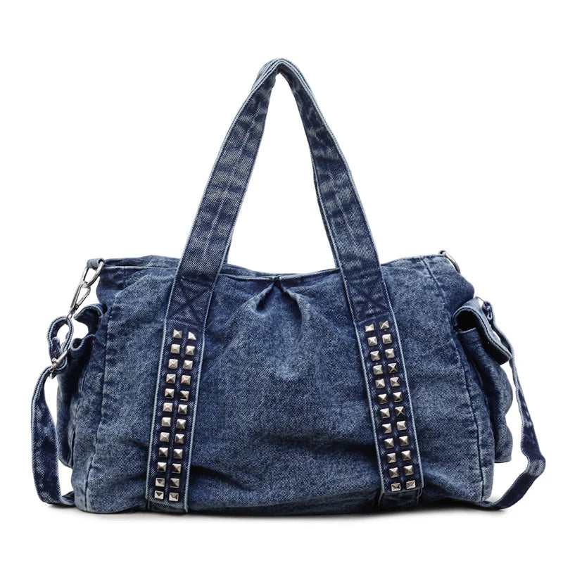 Weekender Bag Distressed Denim Adjustable Shoulder Strap & Side Pockets