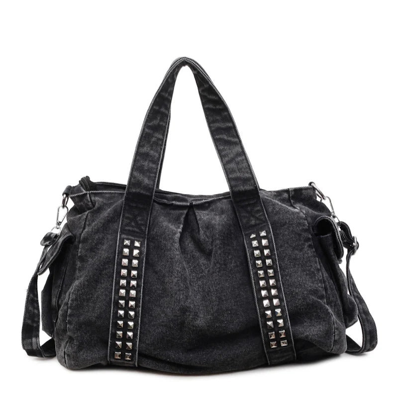 Weekender Bag Distressed Denim Adjustable Shoulder Strap & Side Pockets