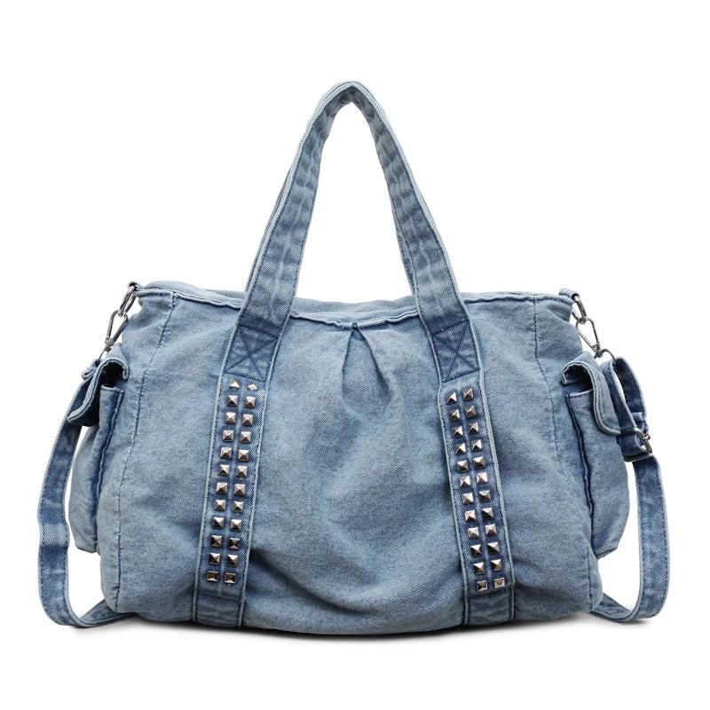 Weekender Bag Distressed Denim Adjustable Shoulder Strap & Side Pockets