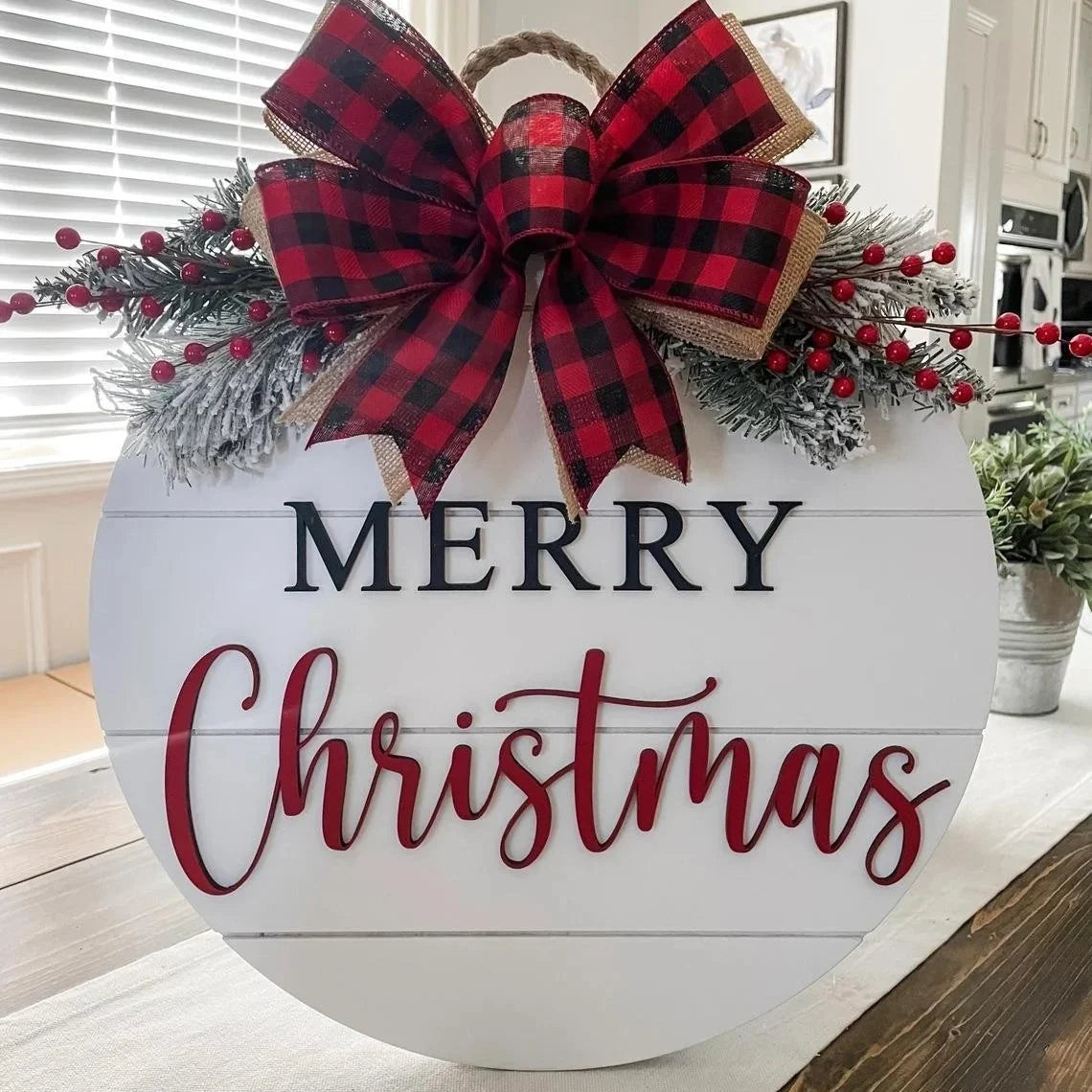 Welcome Sign Merry Christmas Wooden Rope Hanger Weather-Resistant