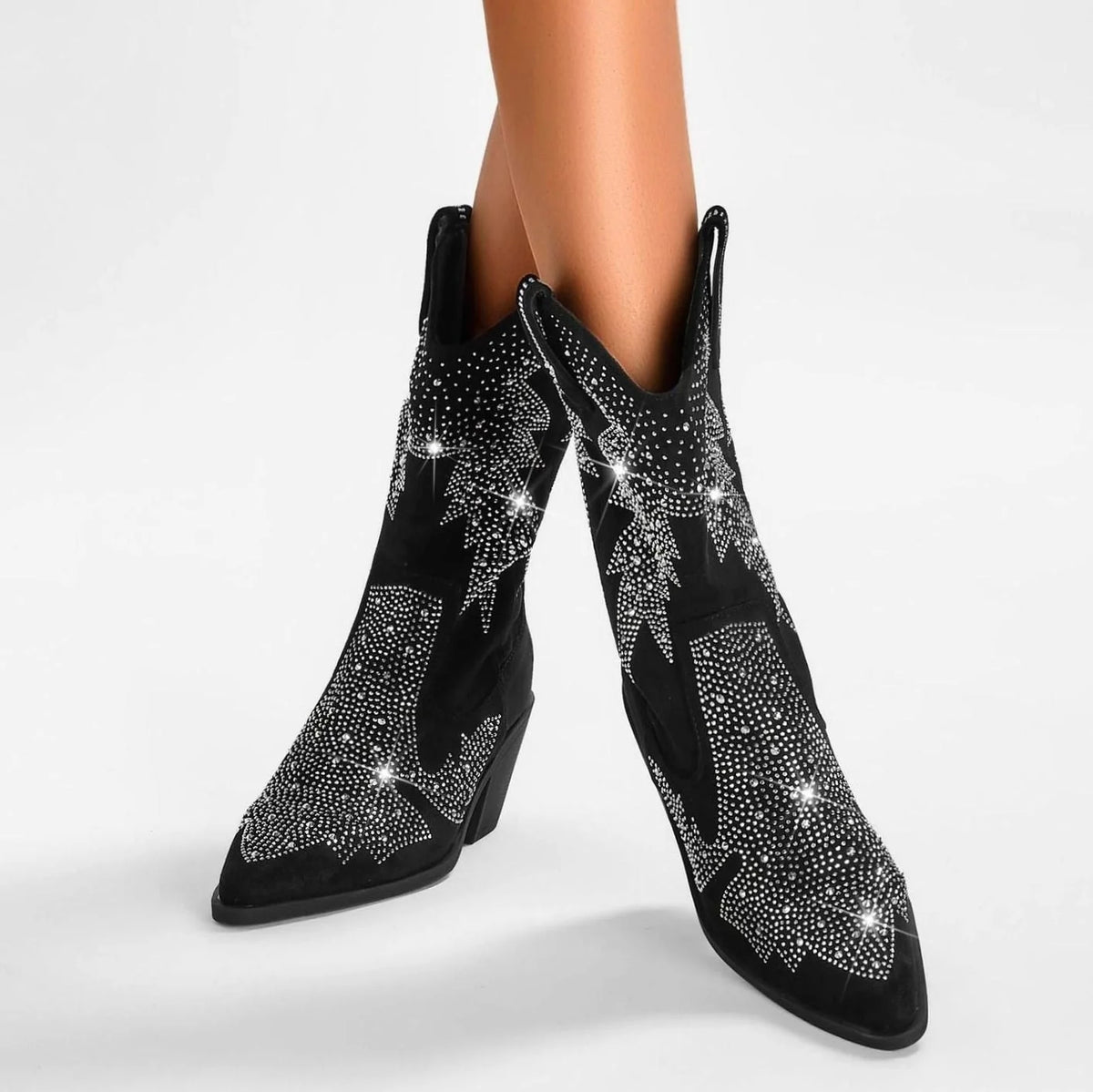 Western Boots Rhinestone Star Embellishments Pointed Toe Mid-Calf Shaft