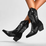 Western Boots Rhinestone Star Embellishments Pointed Toe Mid-Calf Shaft