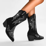 Western Boots Rhinestone Star Embellishments Pointed Toe Mid-Calf Shaft
