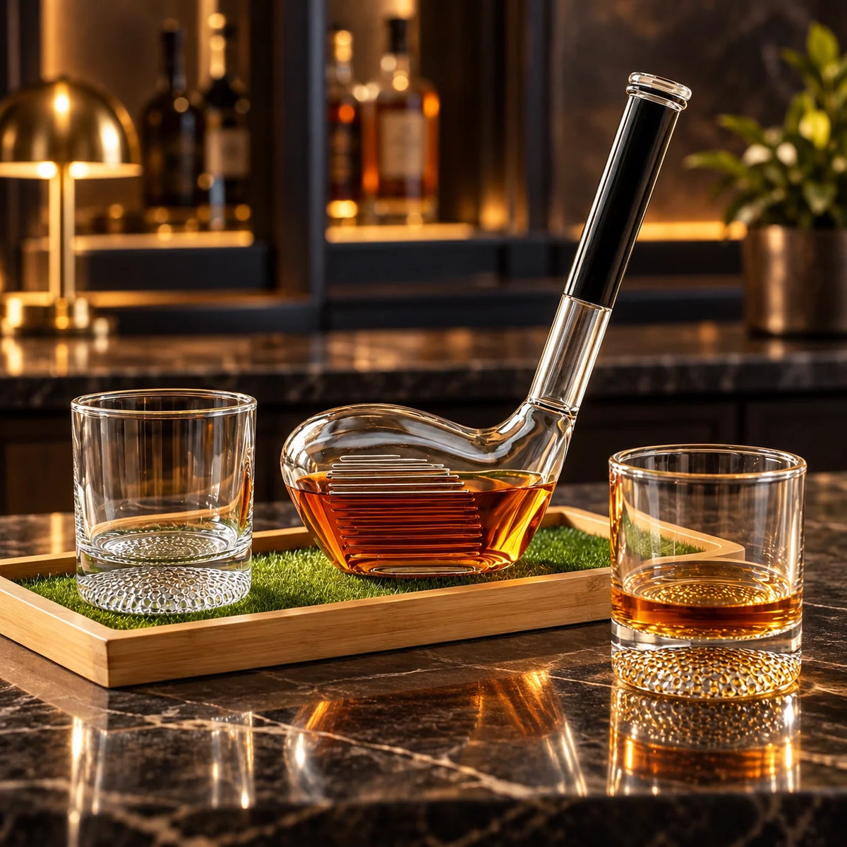 Whiskey Decanter Set Golf Club Design & Wooden Tray