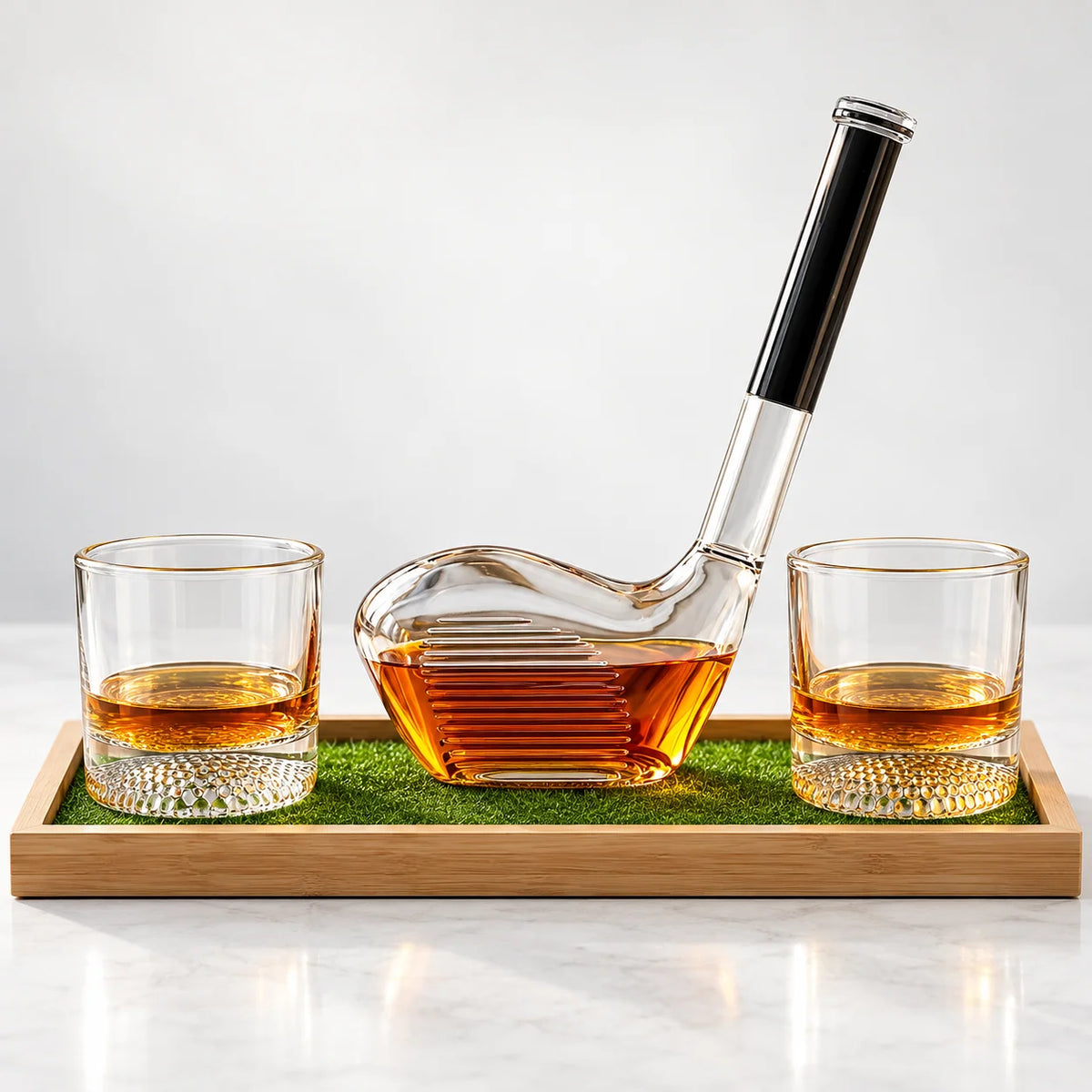 Whiskey Decanter Set Golf Club Design & Wooden Tray