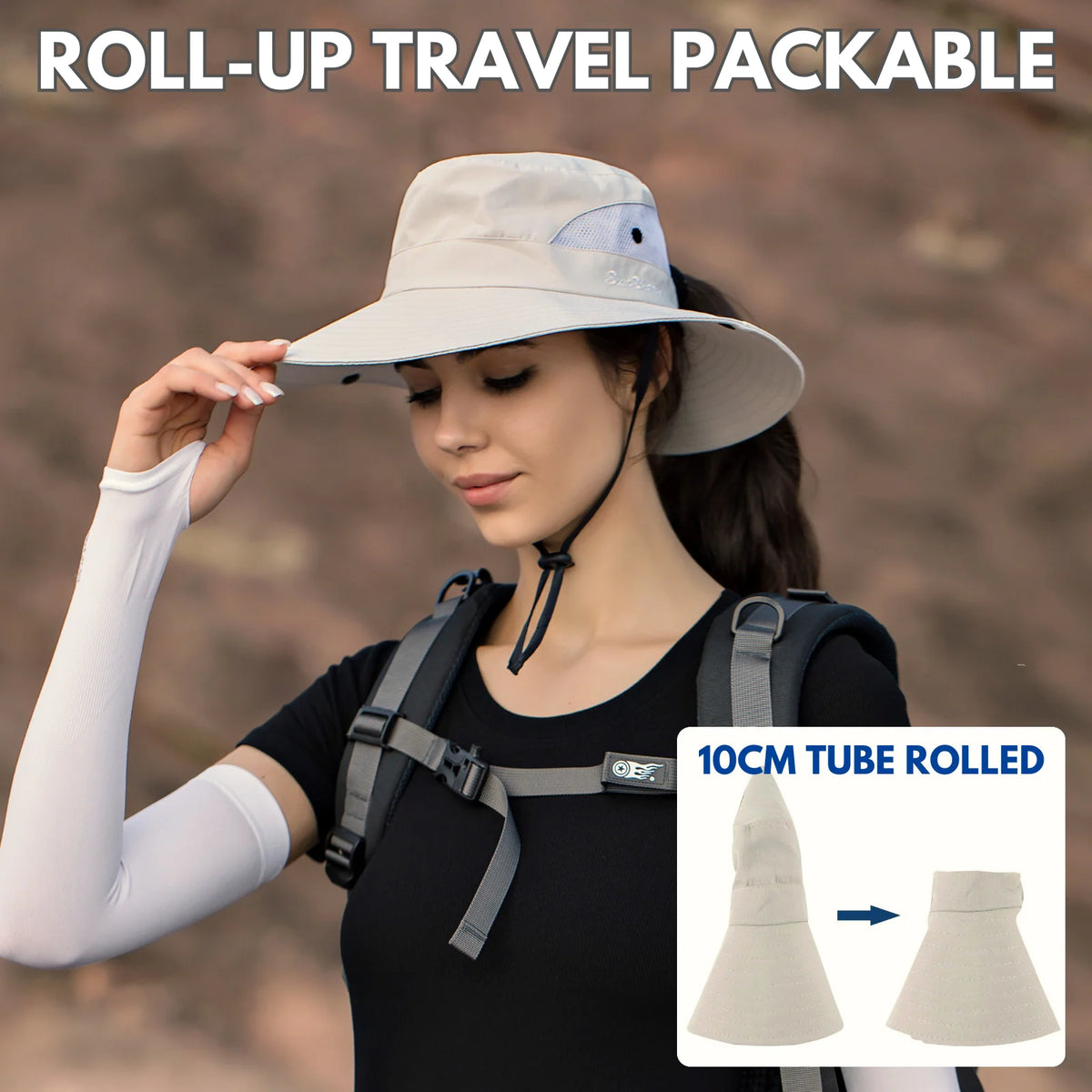 Wide Brim Sun Hat UPF50+ Ponytail Hole Packable