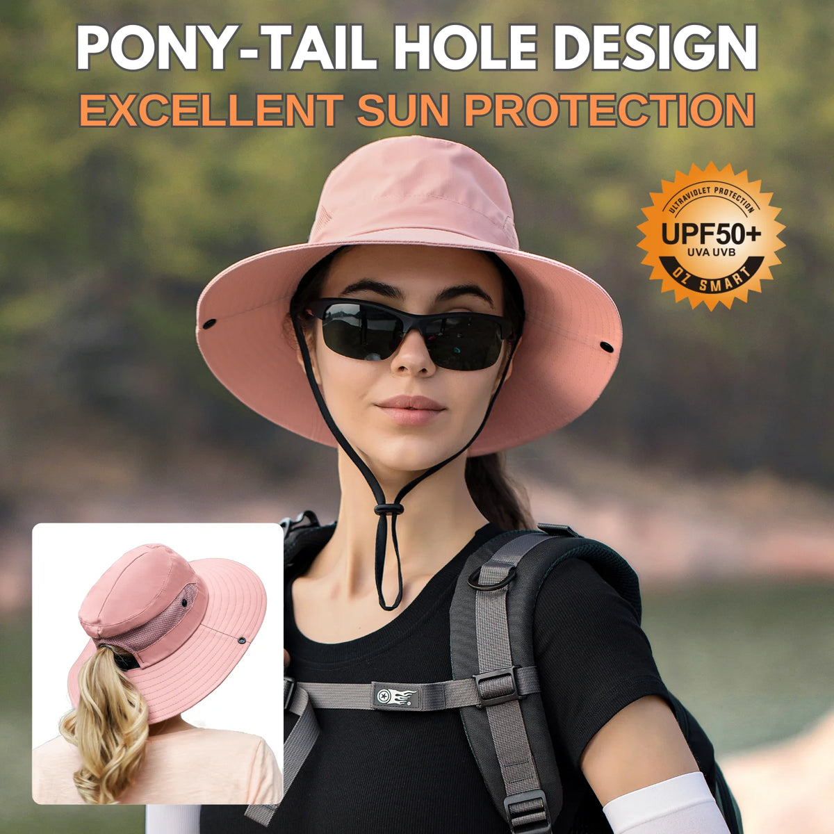 Wide Brim Sun Hat UPF50+ Ponytail Hole Packable