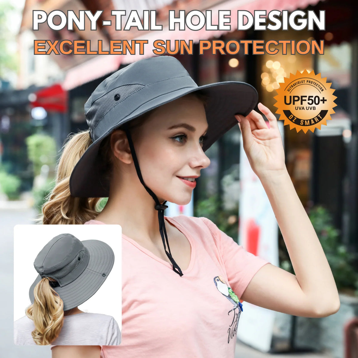 Wide Brim Sun Hat UPF50+ Ponytail Hole Packable