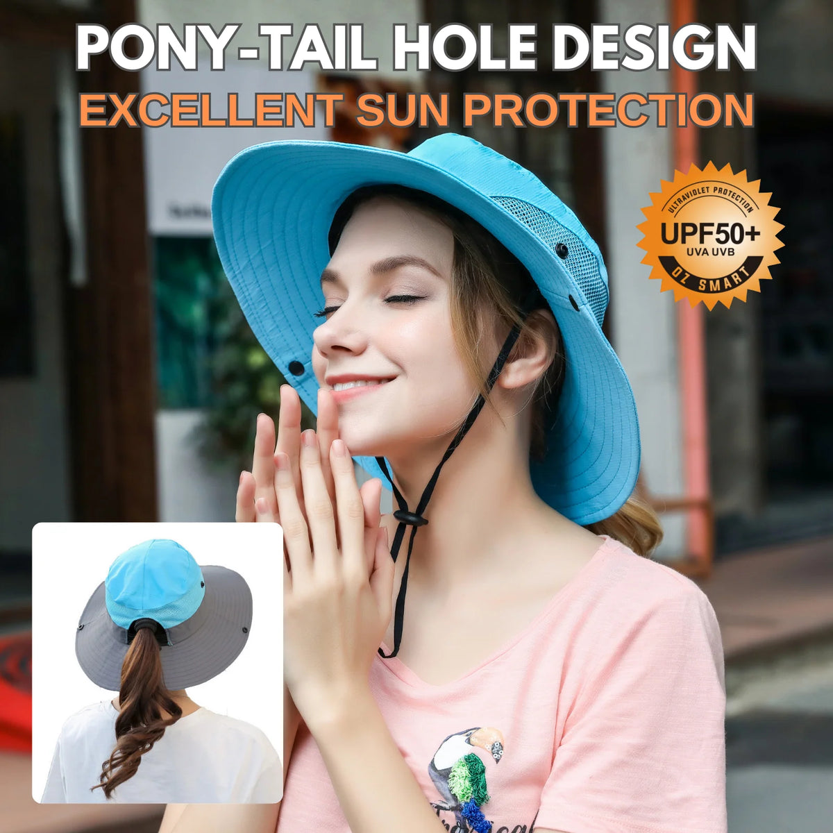 Wide Brim Sun Hat UPF50+ Ponytail Hole Packable