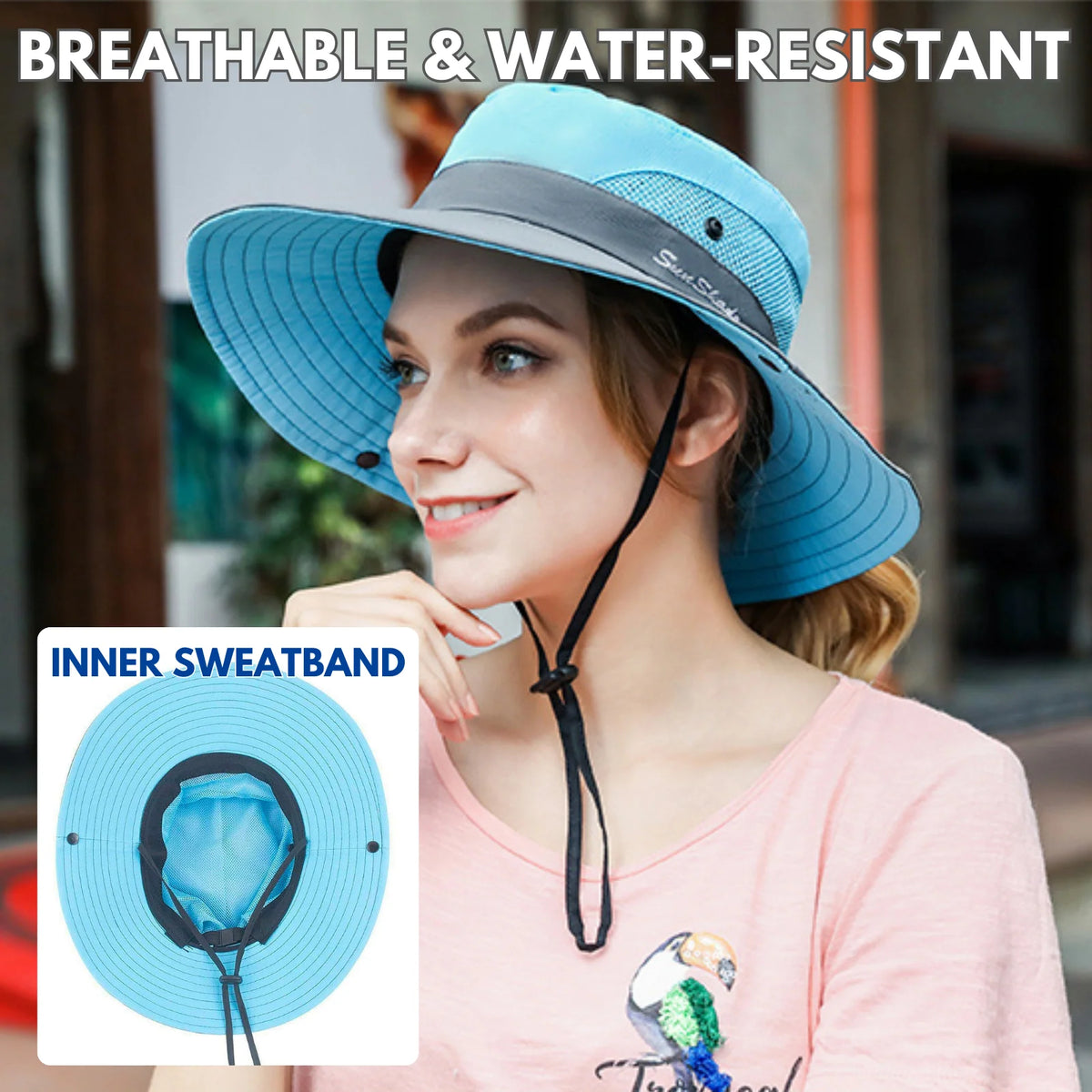 Wide Brim Sun Hat UPF50+ Ponytail Hole Packable