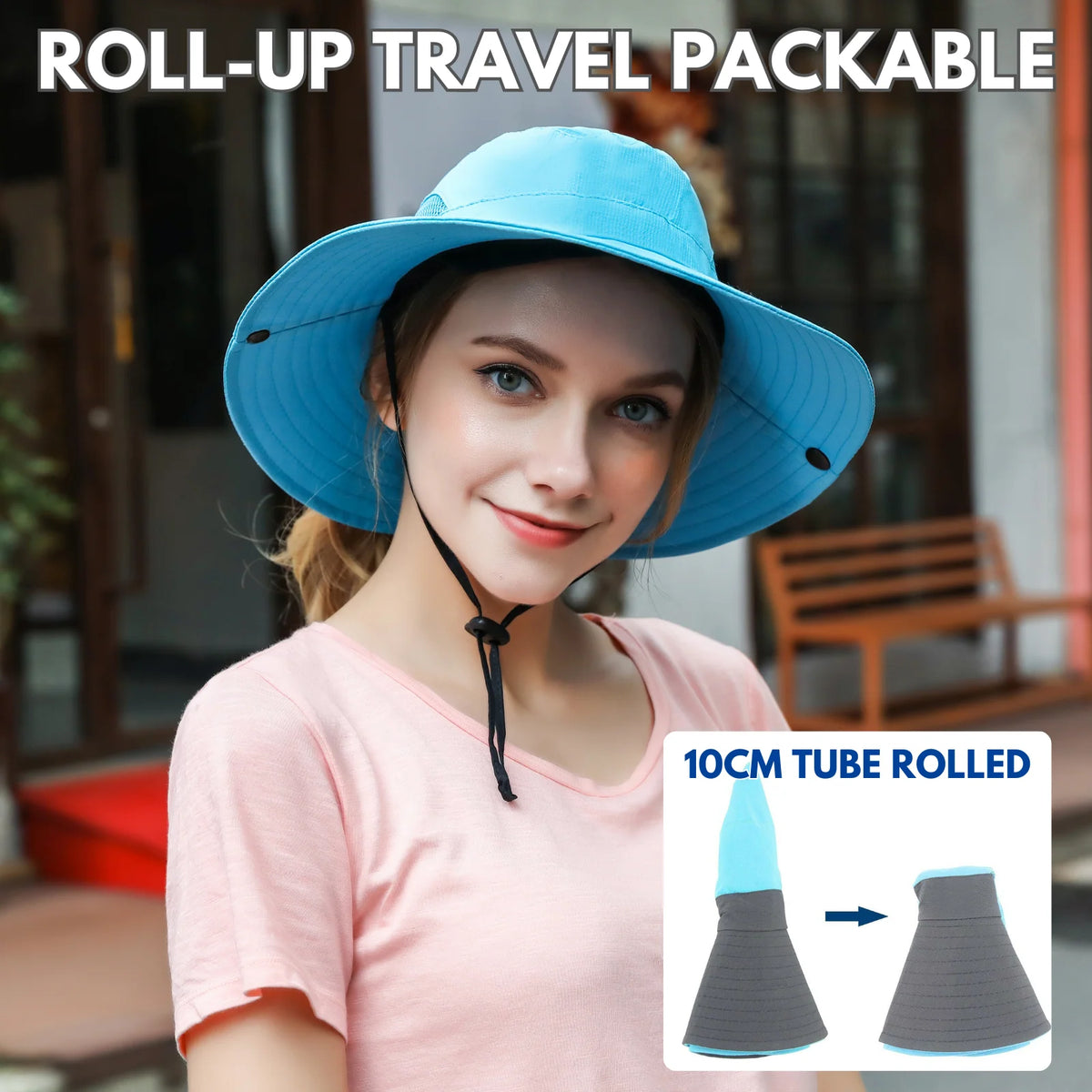 Wide Brim Sun Hat UPF50+ Ponytail Hole Packable