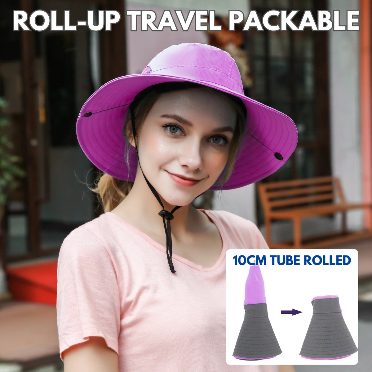Wide Brim Sun Hat UPF50+ Ponytail Hole Packable