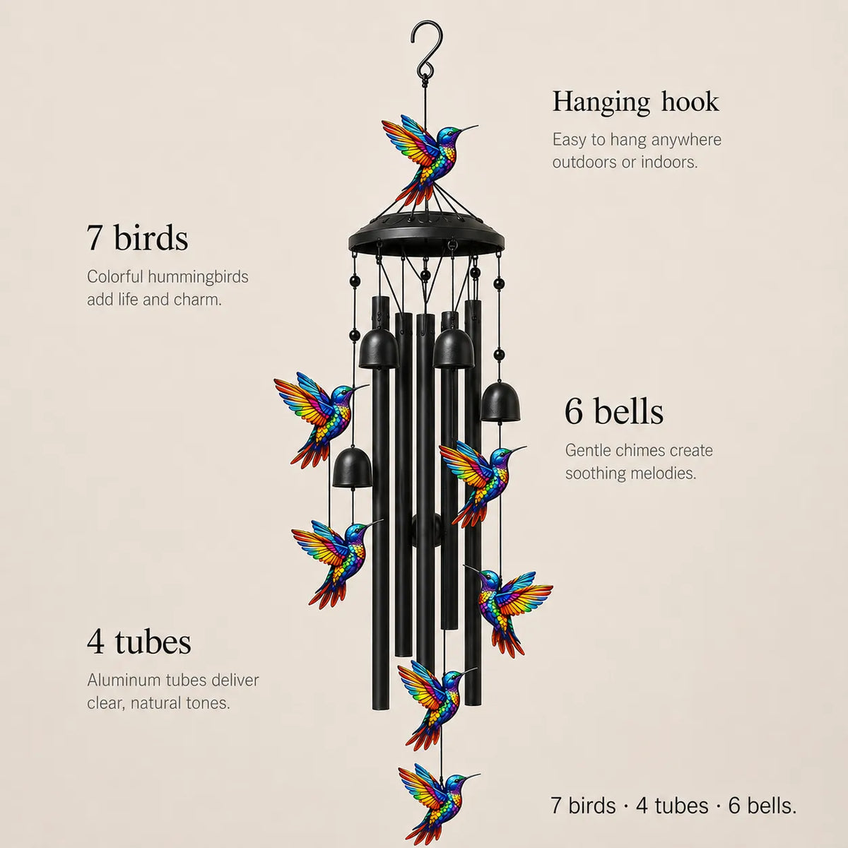 Wind Chime Colorful Design Aluminum Tubes Weather-Resistant