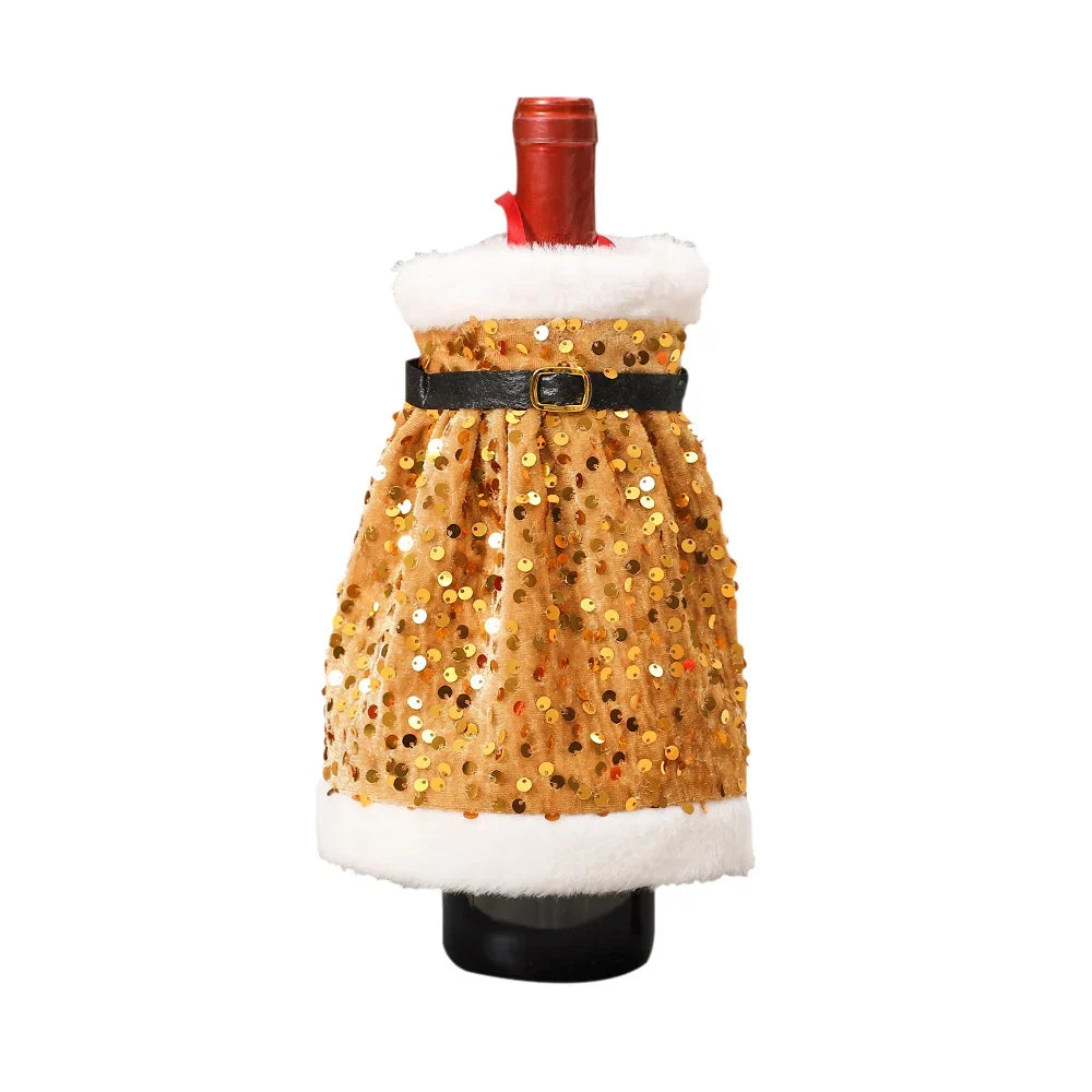 Wine Bottle Wrap Sequin & Faux Fur Belt Closure